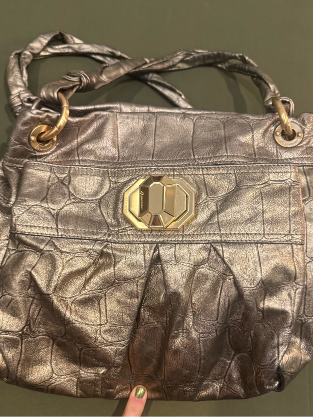 B.Makowsky Metallic Bronze Croc-Embossed Shoulder Bag with Gold Hardware